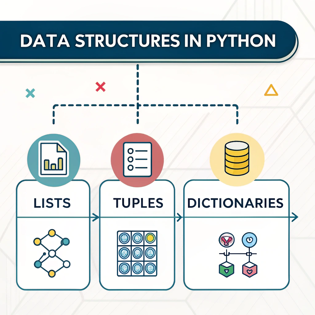 Diagram illustrating Python Data Structures including lists, tuples, and dictionaries with examples.